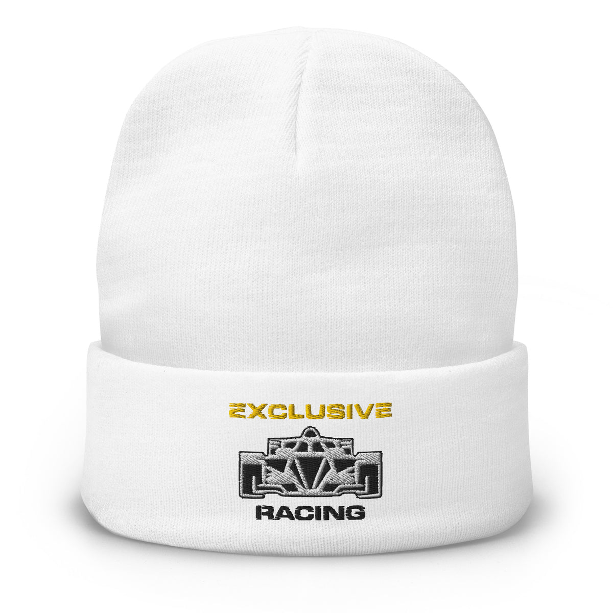 [White] Front — EXR F-Car Front Embroidered Beanie