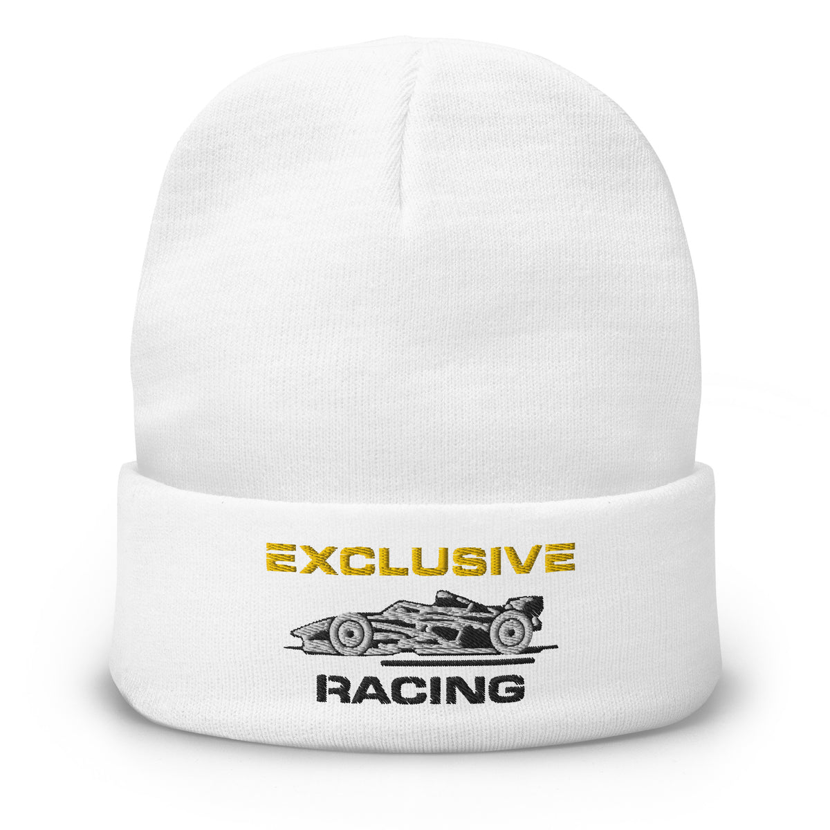 [White] Front — EXR F-Car Side Embroidered Beanie
